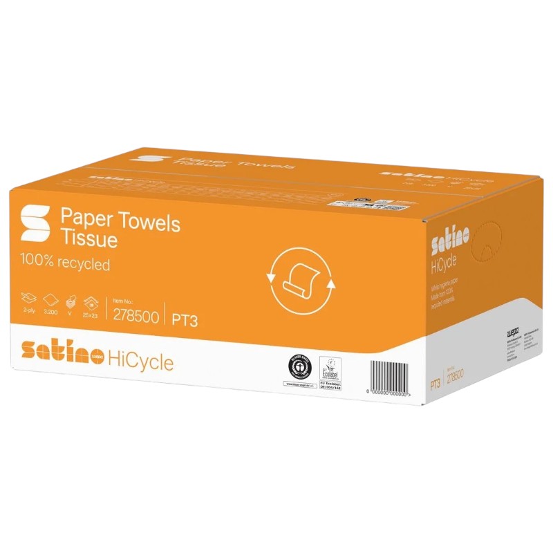 Satino HiCycle - V-gefaltete Handtücher - recycelt, weiß - 25 x 23 cm- Packung mit 3200 Blatt (PT3)